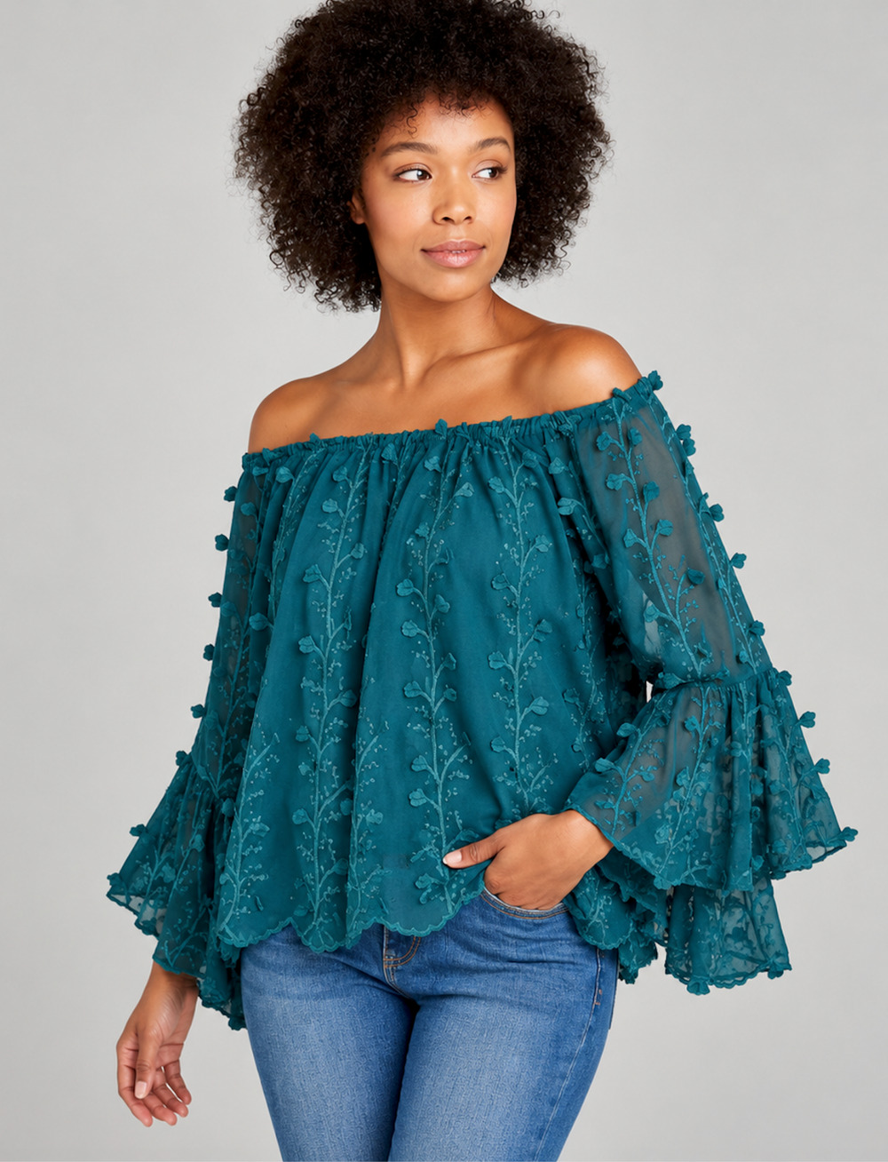 THE PYRAMID COLLECTION TEAL EMBROIDERED OFF SHOULDER BELL SLEEVE BLOUSE TOP 1X